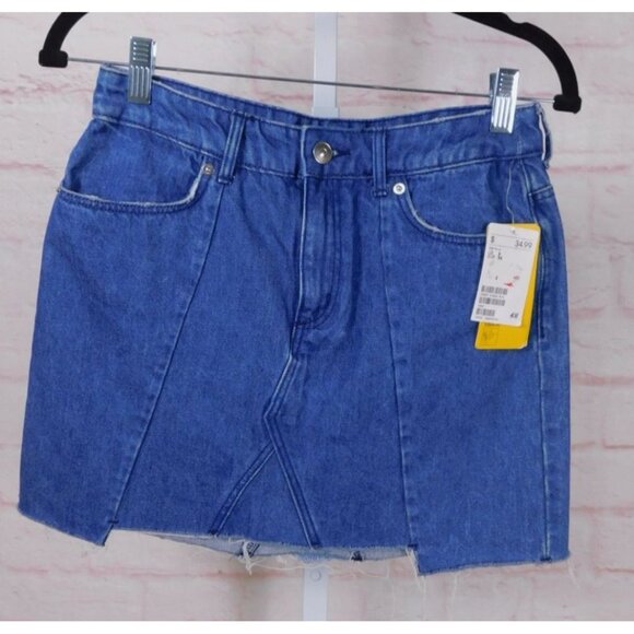 H&M Dresses & Skirts - H&M Divided Blue Denim Mini Skirt NWT Frayed Hem Sz S 100% Cotton